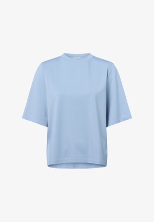 Haut bleu clair à manches courtes avec un col rond haut, fabriqué dans un tissu doux et lisse. Il présente une coupe ample et un ourlet droit.