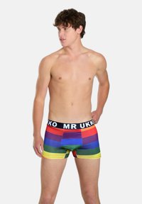 Farverige herreboxershorts med horisontale striber i rød, blå, grøn, gul og sort elastik med teksten "MR UKKO".