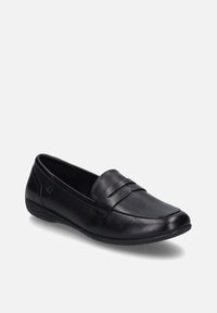 Mocasines de cuero negro con punta redondeada, banda decorativa en la parte frontal y suela flexible para mayor comodidad. Textura suave sin patrones.