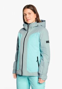 Leichte, kapuzenjacke in Grau und Türkis. Mit durchgehendem Reißverschluss, Seitentaschen und elastischen Bündchen. Glatte Textur mit kontrastierenden Einsätzen.