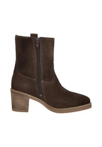 Brauner Wildleder-Stiefelette mit mittelhohem Absatz, seitlichem Reißverschluss und abgerundetem Zehenbereich, im Profil auf weißem Hintergrund gezeigt.