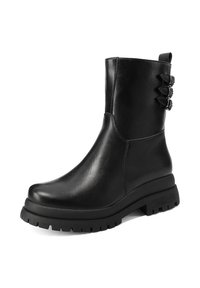 Stivale alla caviglia in pelle nera con suola spessa, caratterizzato da tre cinturini decorativi sul lato esterno e una finitura liscia e lucida.