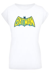 White cotton t-shirt with short sleeves featuring a blue and yellow "BATMAN" logo in a comic book style, outlined in black.