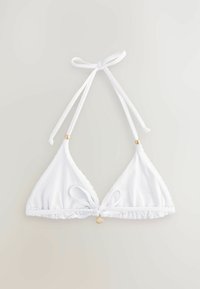 Vit bikinitopp med triangulär design, volangkanter och justerbara band. Har en liten guldsnäcka som accent i mitten fram.