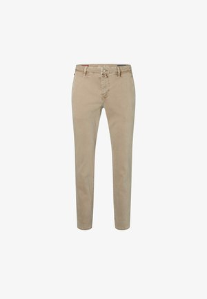 Beige katoenen broek met een slim fit, voorzien van een knoopsluiting, ceintuurlussen en subtiele stikdetails op de zakken.