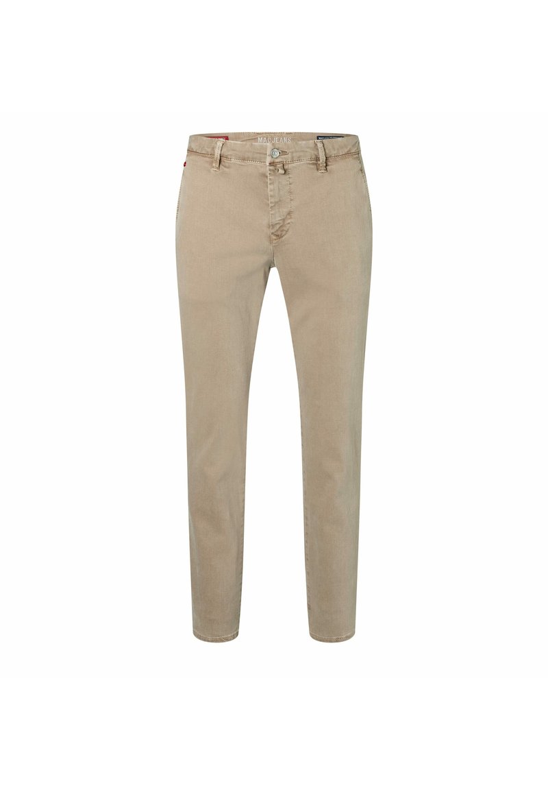 Pantalons en coton beige à coupe ajustée, avec une fermeture à bouton, des passants de ceinture et des détails de couture subtils sur les poches.
