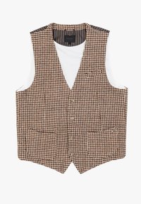 Gilet a motivo houndstooth marrone realizzato in tessuto testurizzato, caratterizzato da scollo a V, cinque bottoni e due tasche frontali. Foderato con materiale a righe.