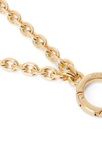 Collana d'oro con anelli ovali, superficie liscia e chiusura rotonda con nome del marchio inciso. La superficie riflettente aggiunge brillantezza.