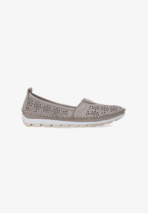 Gray leather flat shoe with perforated floral pattern, rounded toe, stitched accents, and white rubber sole with cushioning. Lightweight design.