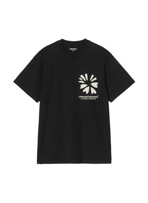 Czarny T-shirt z krótkim rękawem i okrągłym dekoltem z białym abstrakcyjnym wzorem kwiatowym oraz napisem "CARHARTTESCENCE ILLUMINATED WORKSPACES" na lewej piersi.