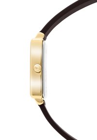 Goldfarbener Uhrengehäuse mit rechteckiger Form, weißem Zifferblatt, schwarzem Gummigurt und einem auffälligen Kronendetail an der Seite.