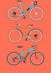 Drie geïllustreerde fietsen: een blauwe racefiets met dunne banden, een oranje stadsfiets met bredere banden en een blauwe mountainbike met groffe banden op een oranje achtergrond.