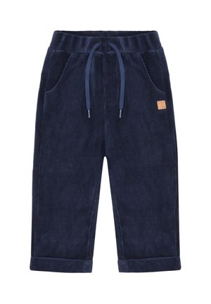 Pantaloni in velluto a coste blu navy con una finitura morbida, dotati di una vita con cordoncino, due tasche laterali e polsini arrotolati.