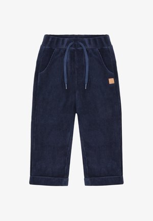 Pantaloni in velluto a coste blu navy con una finitura morbida, dotati di una vita con cordoncino, due tasche laterali e polsini arrotolati.