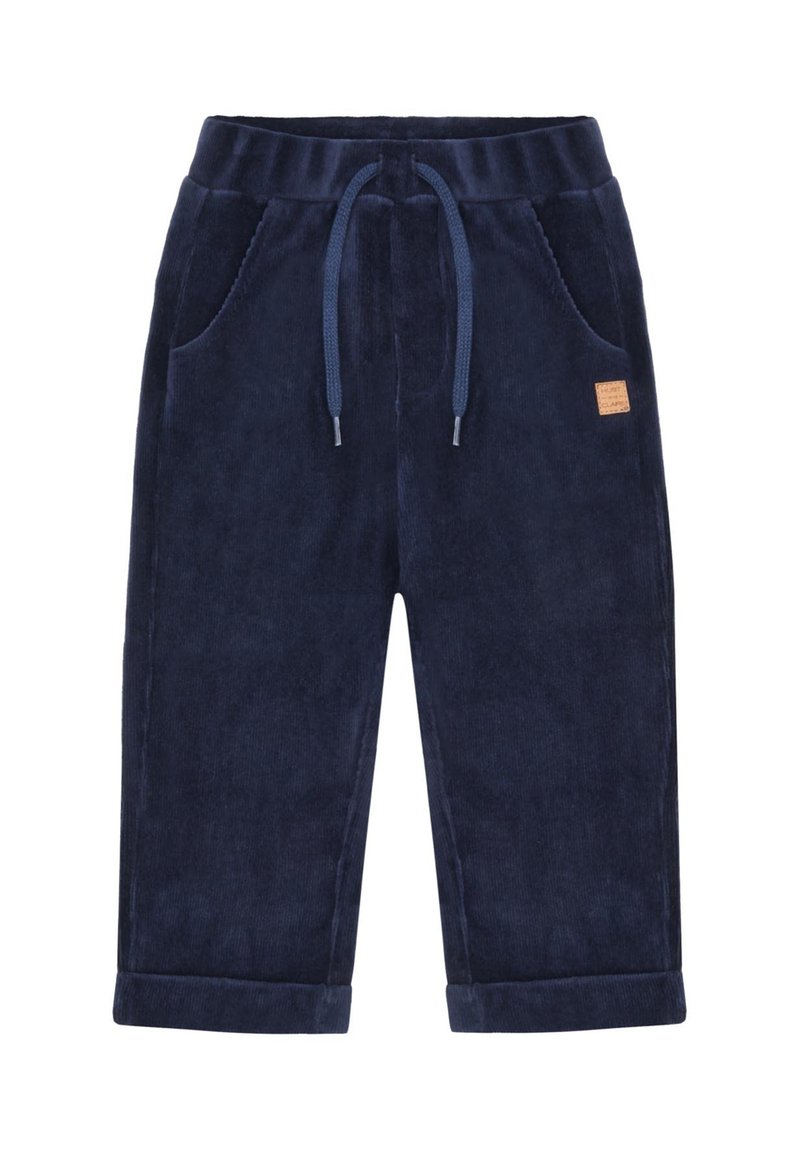 Marineblaues Cord-hosen mit einer sanft strukturierten Oberfläche, ausgestattet mit einem Kordelzugbund, zwei seitlichen Taschen und aufgerollten Säumen.