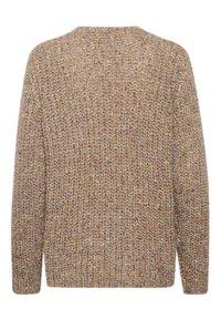 Pull en maille marron texturé avec une coupe ample, présentant un design côtelé et de subtiles touches multicolores à travers le matériau.