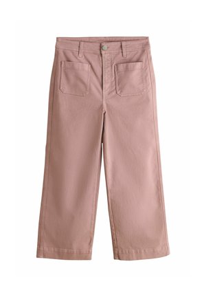 Straight-leg dusty pink pants with front patch pockets, belt loops, and a button closure at the waist.