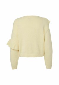 Żółty, teksturowany sweter dzianinowy o krótkim fasonie. Posiada falbanę na lewym rękawie oraz ściągacze przy mankietach i dolnym brzegu.