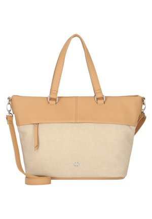 Tan leather tote bag with a beige canvas bottom, dual handles, detachable strap, and a front zip pocket. Subtle logo detail on the front.