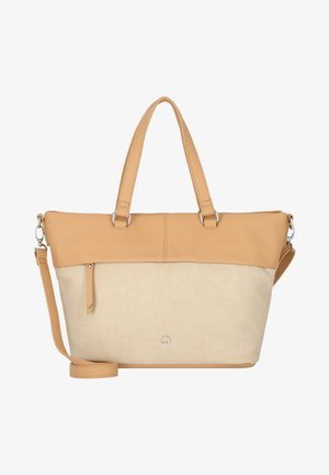 Tan leather tote bag with a beige canvas bottom, dual handles, detachable strap, and a front zip pocket. Subtle logo detail on the front.