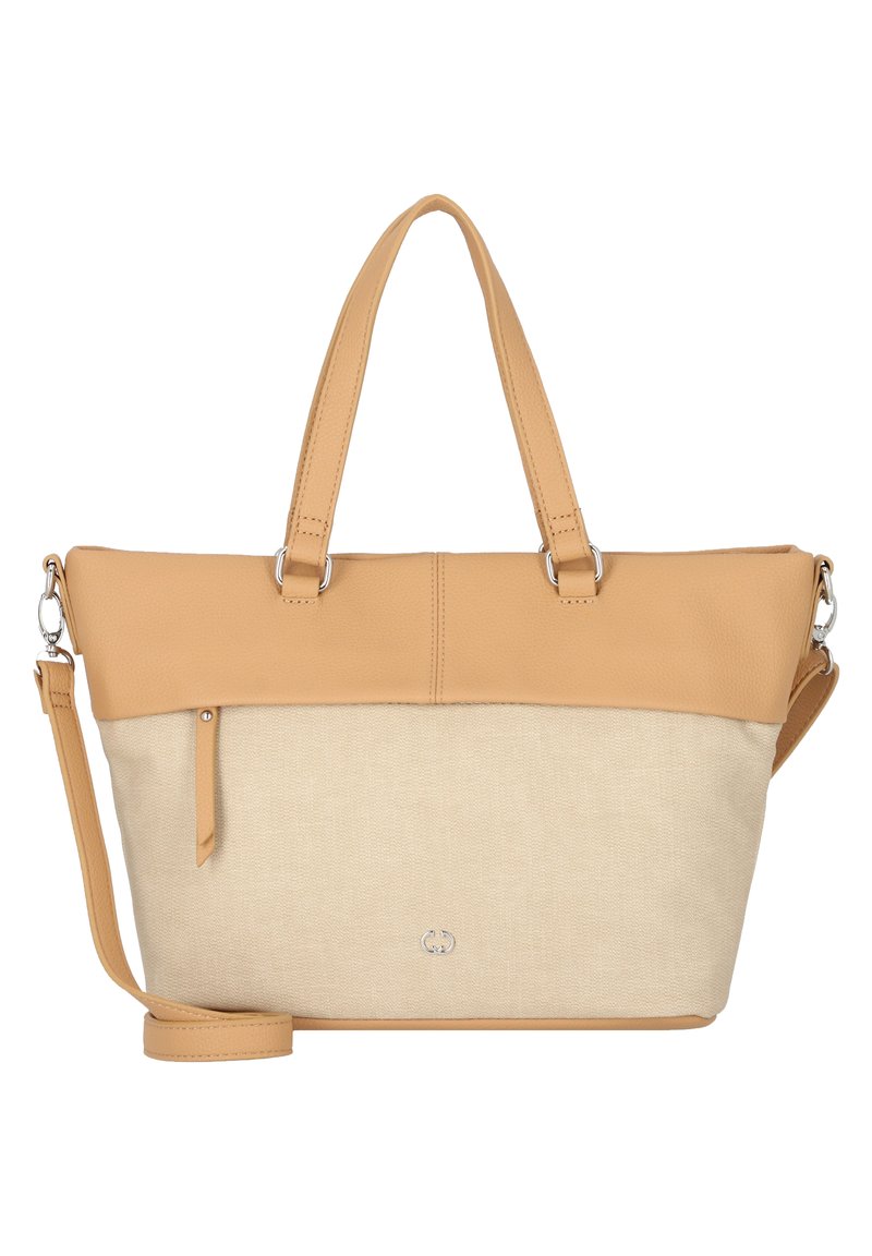 Borsa tote in pelle tan con fondo in tela beige, doppi manici, tracolla distaccabile e tasca con zip frontale. Dettaglio logo sottile sul fronte.