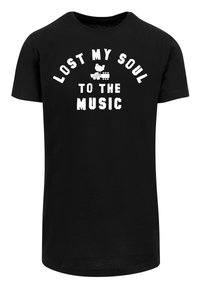 Black cotton t-shirt featuring the text "LOST MY SOUL TO THE MUSIC" in bold white letters, with a graphic of a bird and a guitar.