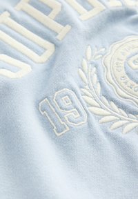 Šviesiai mėlynas sportinis megztinis iš audinio, su baltais siuvinėtais žodžiais ir dekoratyviniu emblematu, kuriame yra skaičius „19“ ir laurų girliandos motyvas.