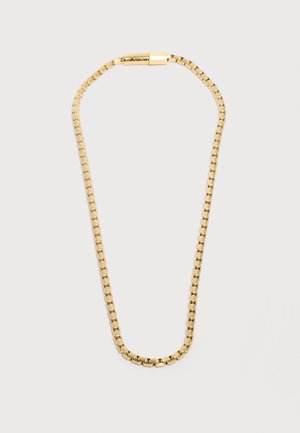 Gold-colored chain necklace with rectangular links and a clasp featuring a geometric pattern on a light background.