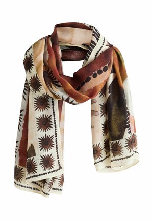 Light fabric scarf with brown, black, and beige sunburst and dot patterns, loosely folded with visible edges against white background.