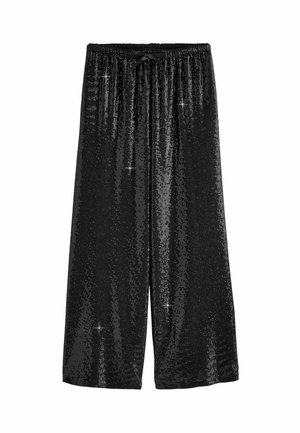 Schwarze, weit geschnittene Hosen mit einem paillettenbesetzten Textil, ausgestattet mit einem elastischen Bund mit Kordelzug, der das Licht mit verstreuten silbernen Akzenten reflektiert.