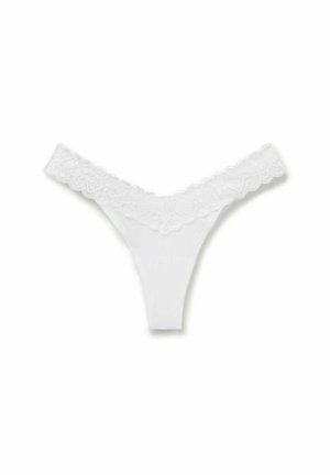 White thong underwear featuring a lace trim along the waistband and a smooth, soft fabric for comfort. Minimalist design with no embellishments.