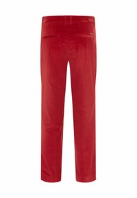 Pantalon droit en velours côtelé rouge vu de dos avec passants de ceinture et deux poches arrière horizontales.