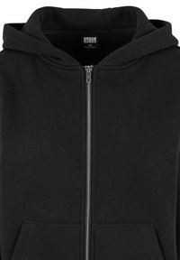 Fekete cipzáras kapucnis pulóver elülső zsebekkel, kapucnival és látható ezüst cipzárral, XS méret az Urban Classics márkától.