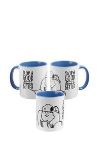 Ceramic mugs in white with blue interior and handle, featuring black line art of characters and the text "SLEEP IS GOOD AND BOOKS ARE BETTER."