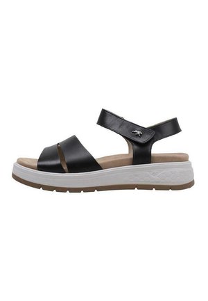 Sandalias de cuero negro con un diseño de doble correa, correa trasera ajustable y una suela blanca texturizada. Cuenta con una plantilla beige para mayor comodidad.
