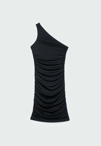 Robe noire asymétrique à une épaule, avec une silhouette ajustée et une texture froncée sur toute la surface. Fabriquée en matériau doux et extensible. Sans motifs ni ornements.