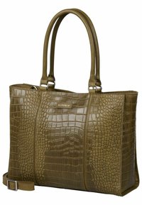 Borsa a tote in verde oliva con motivo coccodrillo, dotata di due manici, una tracolla removibile e dettaglio logo metallico sul fronte. Finitura textured.