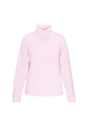 Lyserød fleece-pullover med høj krave og halv lynlås, der har lange ærmer og en glat, blød tekstur.