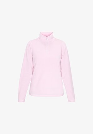 Vaaleanpunainen fleece-pullove, jossa on korkea kaulus ja puolivetoketju, pitkät hihat ja sileä, pehmeä tekstuuri.