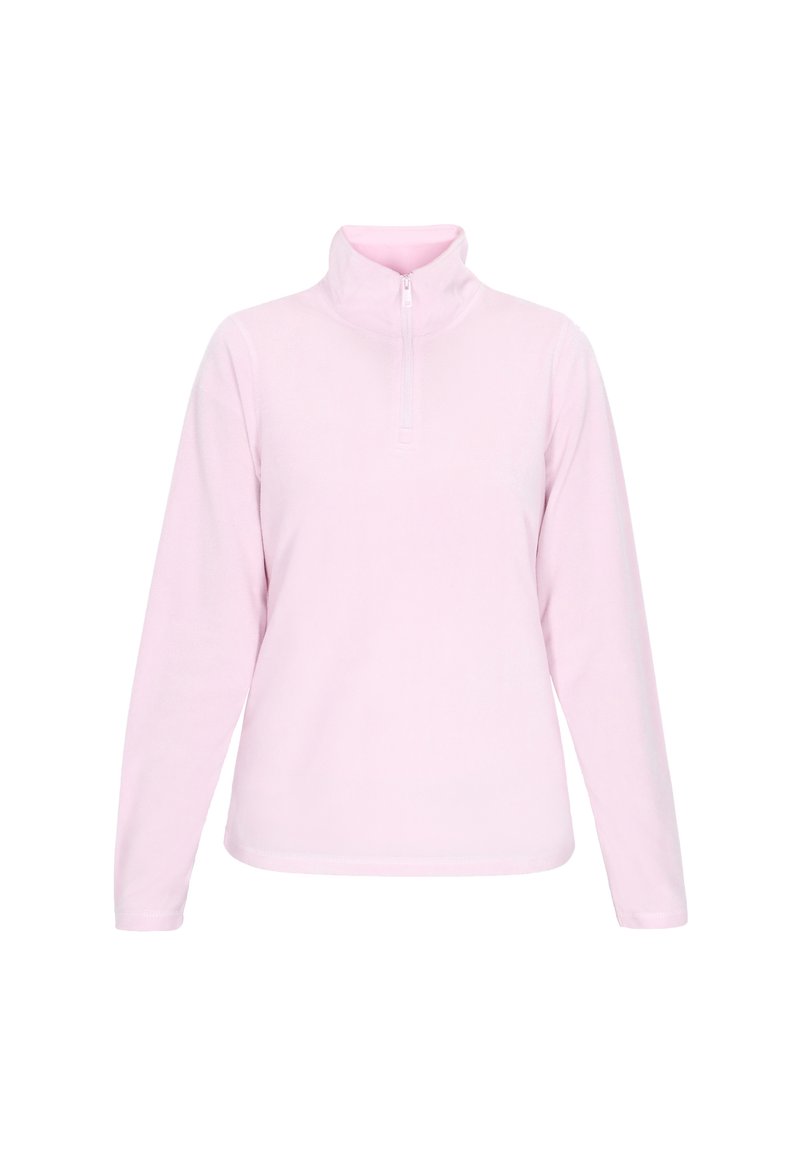 Pullover in fleece rosa chiaro con colletto alto e zip a metà, caratterizzato da maniche lunghe e una texture liscia e morbida.