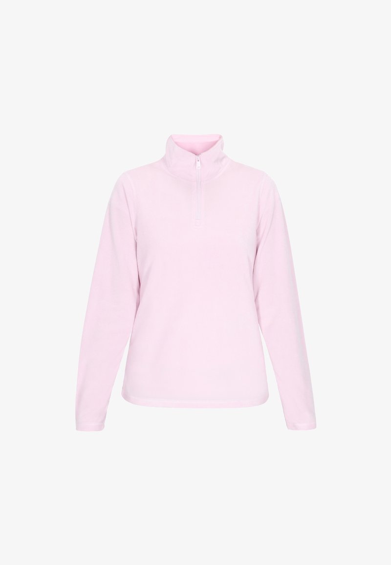 Pullover in fleece rosa chiaro con colletto alto e zip a metà, caratterizzato da maniche lunghe e una texture liscia e morbida.