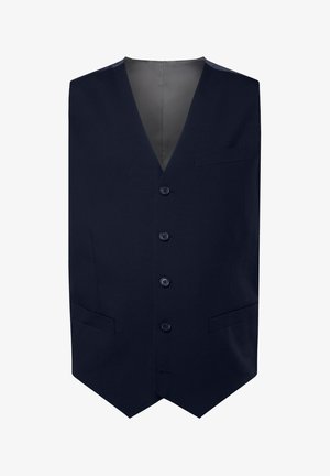 Granatowa kamizelka o dekolcie w kształcie litery V, z sześcioma guzikami z przodu, dwiema bocznymi kieszeniami i gładkim podszewkiem. Ustrukturyzowany kształt z dopasowanym krojem.