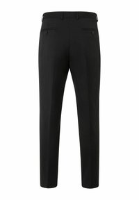 Zwarte op maat gemaakte broek met een slim fit, voorzien van riemlussen, twee achterzakken met knopen en een gladde textuur.
