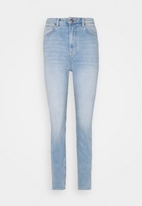 Jeans de ganga de cintura alta de cor azul clara, com corte reto, bolsos frontais e um fecho clássico de botão.