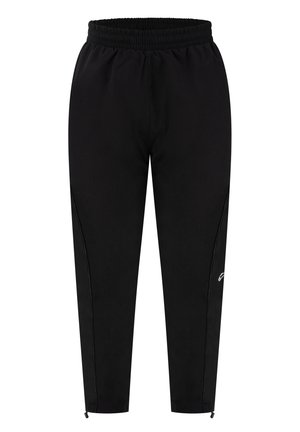 Czarne zwężane spodnie sportowe z elastycznym paskiem, subtelnymi bocznymi szwami i małym białym logo na prawej nodze w pobliżu kolana.