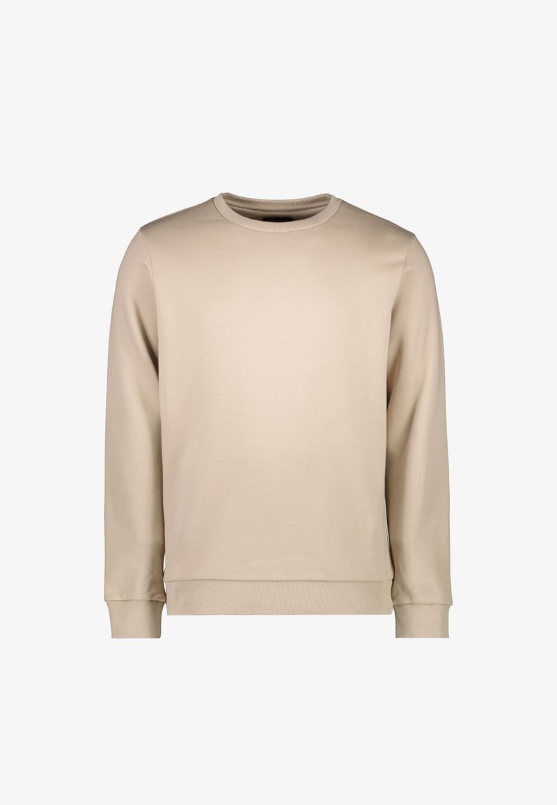 Beige sweatshirt with long sleeves and a round neck. Features ribbed cuffs and hem. Smooth texture, simple design, no visible patterns.