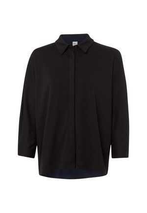 Schwarze Bluse mit Kragen, mit Knopfleiste, Dreiviertelärmeln und lockerer Passform. Hergestellt aus weichem, strukturiertem Stoff.
