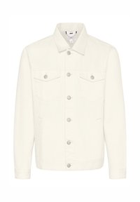 Jachetă din denim albă cu guler, închidere frontală cu nasturi și două buzunare la piept. Textură netedă, mâneci lungi și accente din metal argintiu.