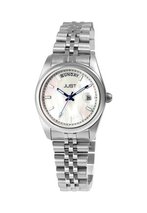 Stainless steel wristwatch with a silver band, white mother-of-pearl dial, blue hour and minute hands, date display, and "SUNDAY" label.