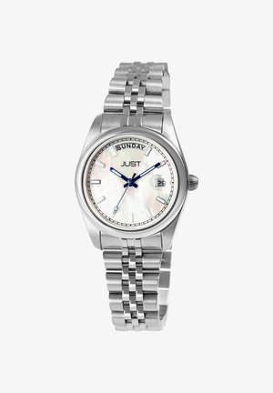 Stainless steel wristwatch with a silver band, white mother-of-pearl dial, blue hour and minute hands, date display, and "SUNDAY" label.